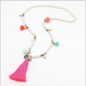 Boho Statement Necklace Glass Imitation Pearl Tassel Pendant Long Necklace